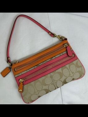 Coach Pink & Orange Signature Canvas Wristlet Clutch Shoulder Bag
